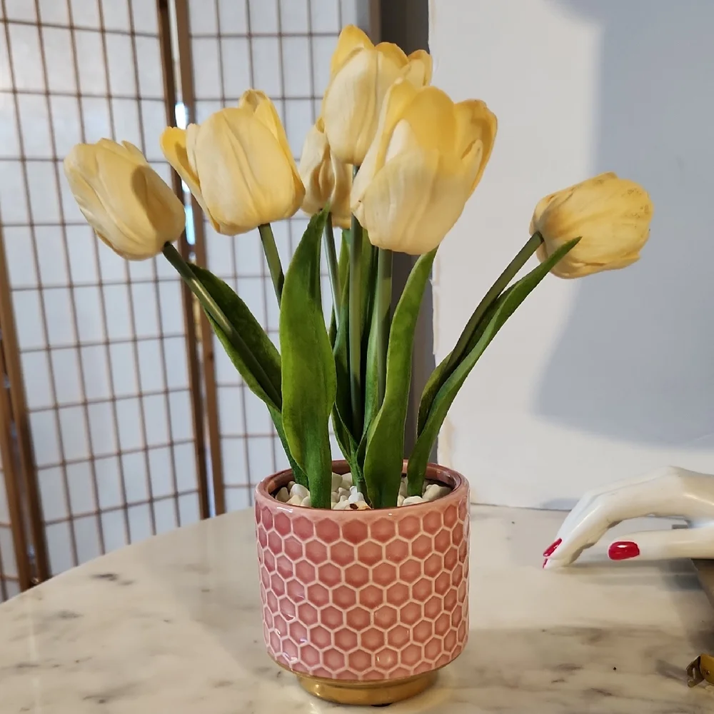 Vintage | Handpainted Yellow Tulips Honeycomb Vase with Rocks | realike*
